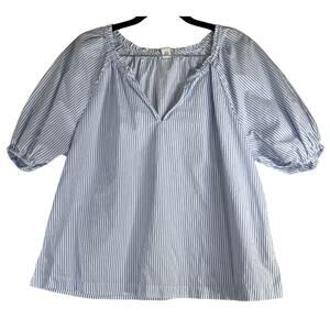 Old Navy Blue & White Striped Smocked Puff Short Sleeve V-Neck Blouse Size S